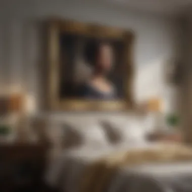Diverse styles of framed paintings on a bedroom wall