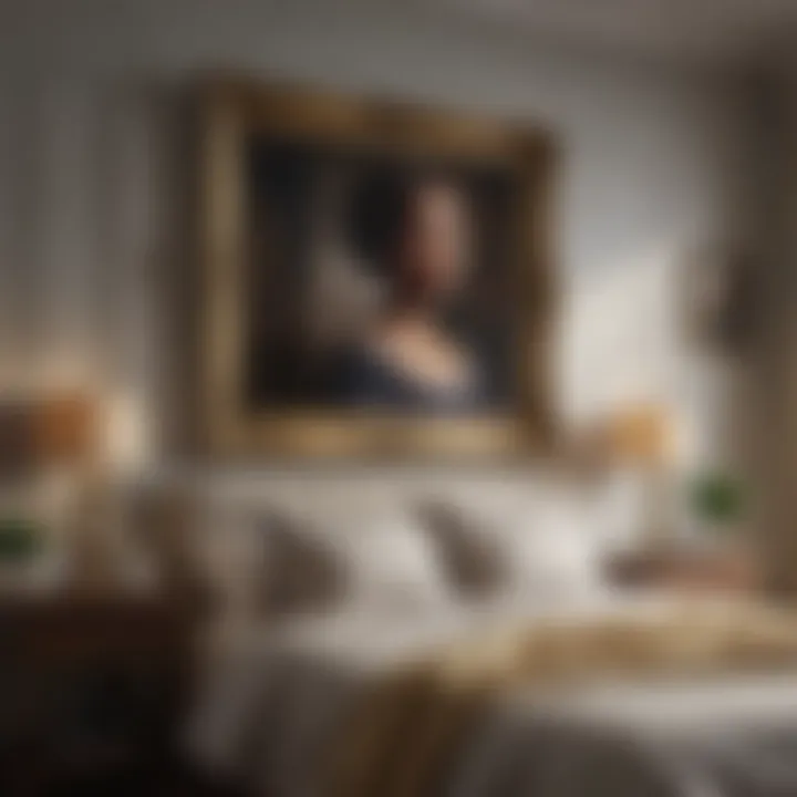 Diverse styles of framed paintings on a bedroom wall