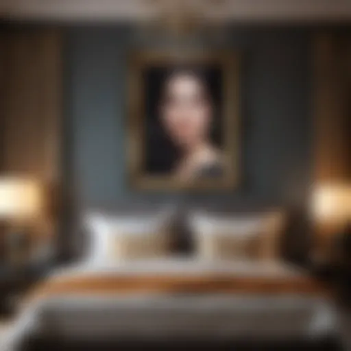 Elegant framed painting above a bed