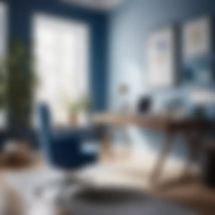 Productivity-Boosting Blue Workspace Blue and white minimalist workspace with natural light
