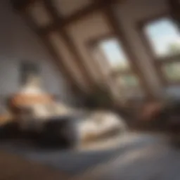 A beautifully designed attic bedroom with large windows and cozy furnishings