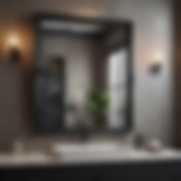 Trendy black framed bath mirror alongside elegant bathroom accessories