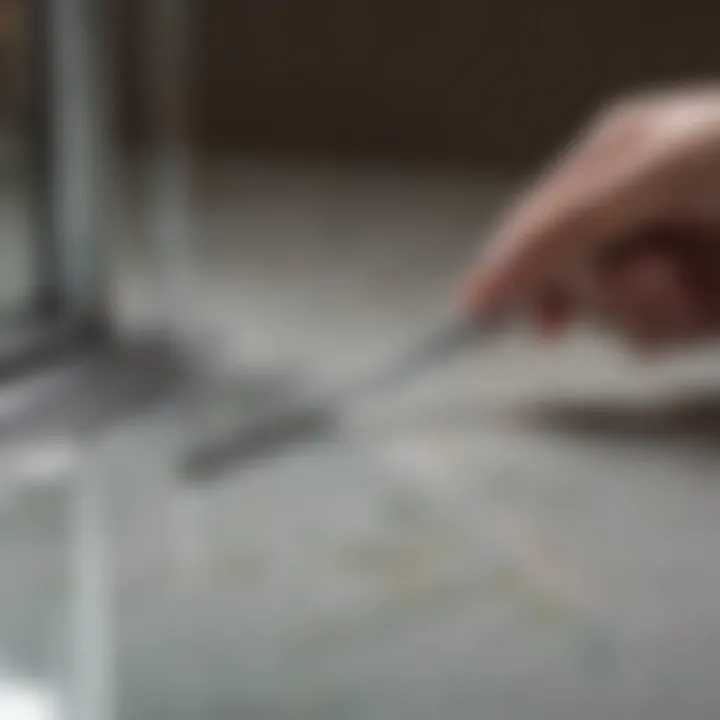 Close-up of a glass cutter tool scoring a bathroom mirror