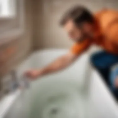 Illustration of professional plumber fixing bathtub drain