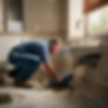 Professional Repair Solutions Illustration of a plumber repairing a leaking bathroom sink base