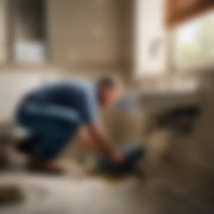Professional Repair Solutions Illustration of a plumber repairing a leaking bathroom sink base