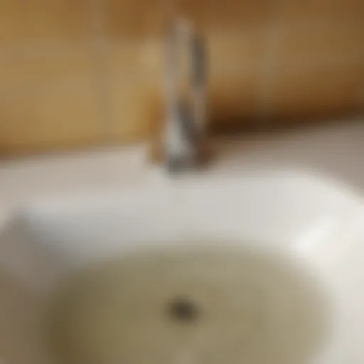 A clogged bathroom sink drain with standing water
