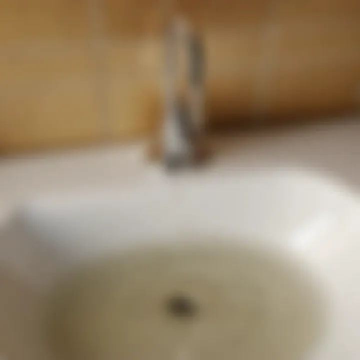 A clogged bathroom sink drain with standing water