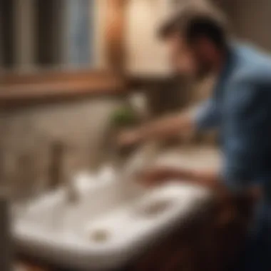 Plumber using a drain snake to clear a clog in a bathroom sink