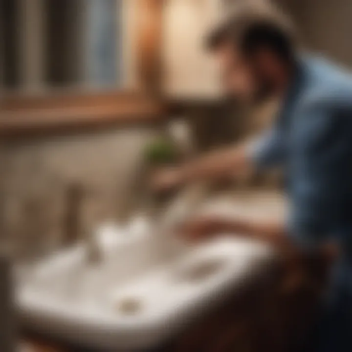 Plumber using a drain snake to clear a clog in a bathroom sink