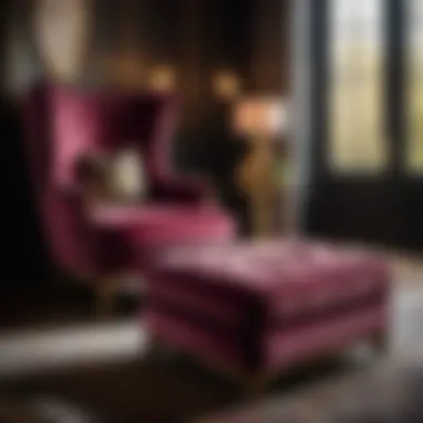 Luxurious velvet bedroom chair with ottoman in a cozy corner