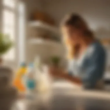 Woman carefully examining laundry detergent ingredients