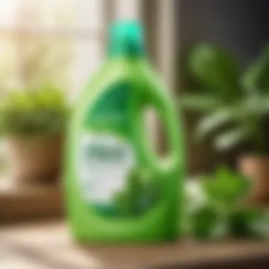 Green laundry detergent bottle with plant leaves