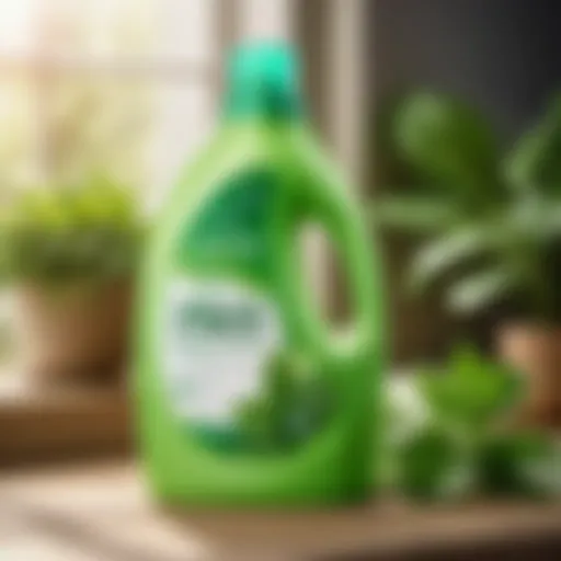 Green laundry detergent bottle with plant leaves