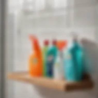 Cleaning products neatly organized on bathroom shelf