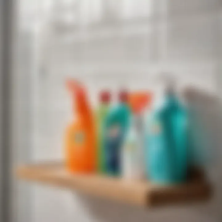 Cleaning products neatly organized on bathroom shelf