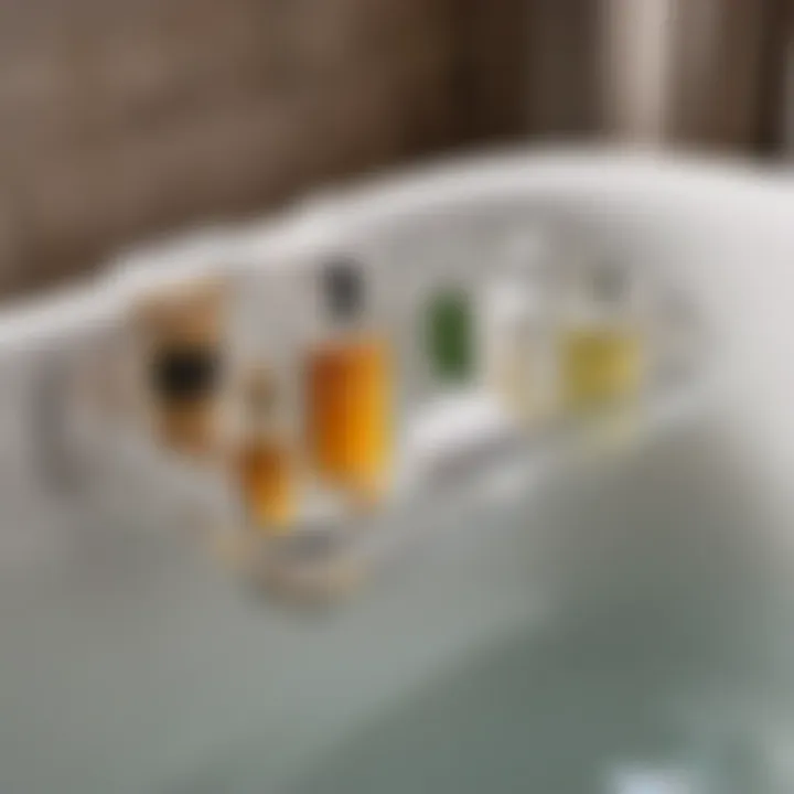 Close-up of acrylic bathtub caddy holding bath essentials