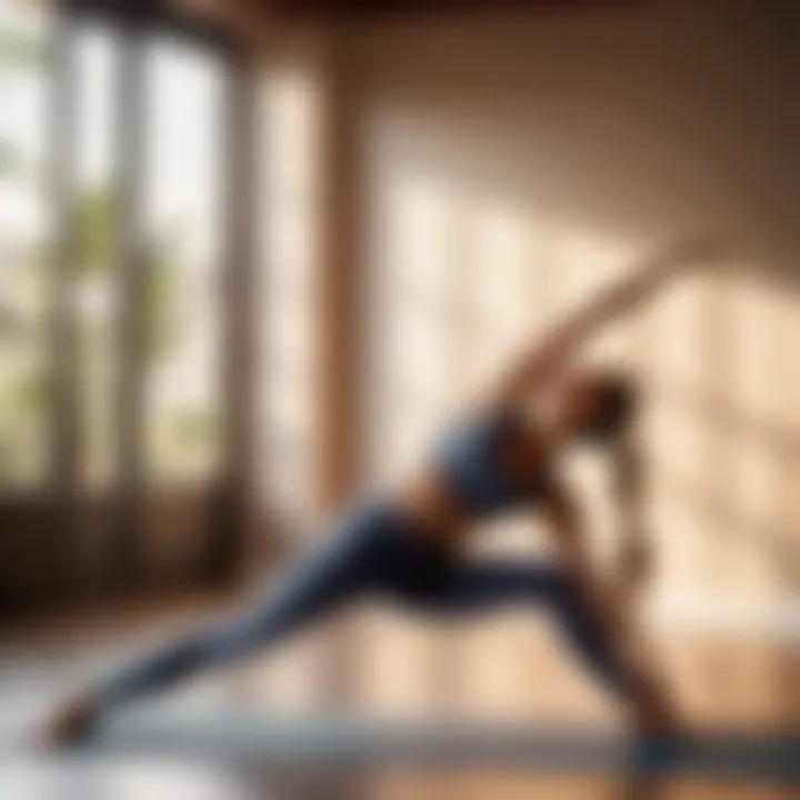 Athletic woman performing a challenging yoga pose at home