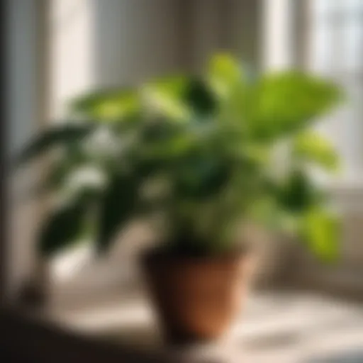 Vibrant indoor plant leaves with dappled sunlight