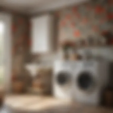 Elegant laundry room with floral wallpaper