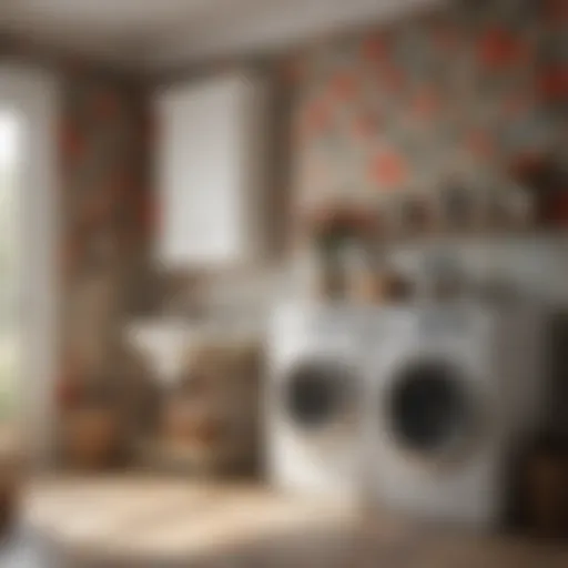 Elegant laundry room with floral wallpaper