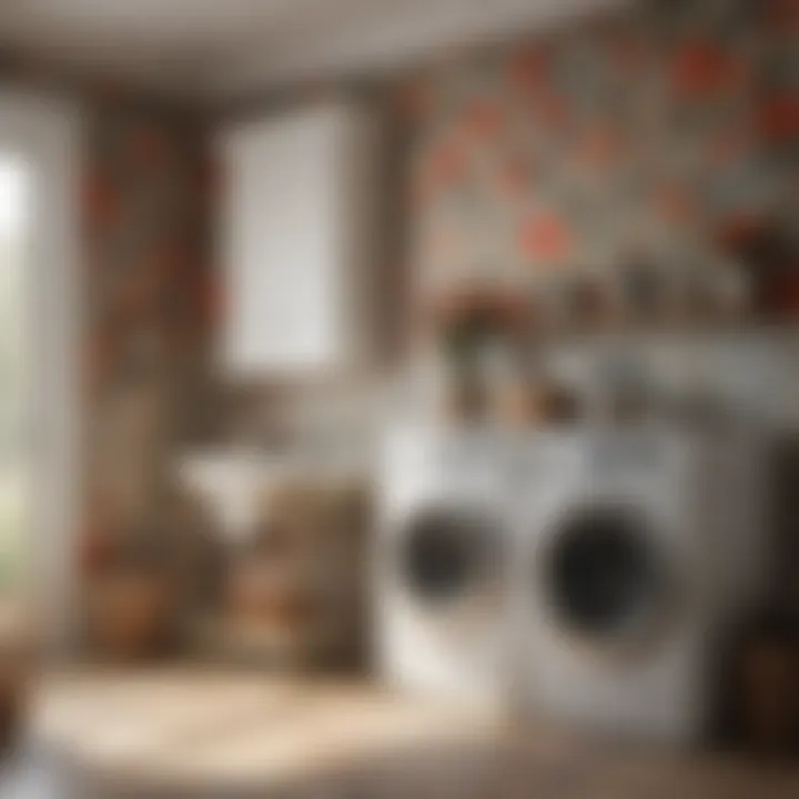 Elegant laundry room with floral wallpaper
