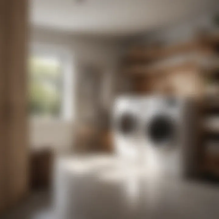 Minimalistic large laundry room with natural wood accents