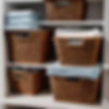Efficient Storage Solution Wicker baskets neatly stacked on a shelf