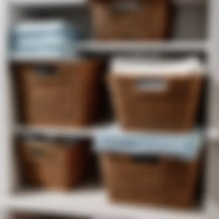 Efficient Storage Solution Wicker baskets neatly stacked on a shelf