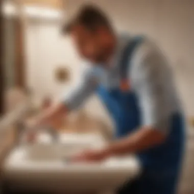 Professional plumber fixing clogged bathroom sink