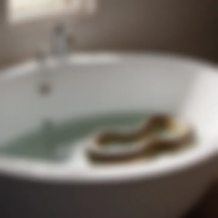 Illustration of using a drain snake to clear bathtub drain