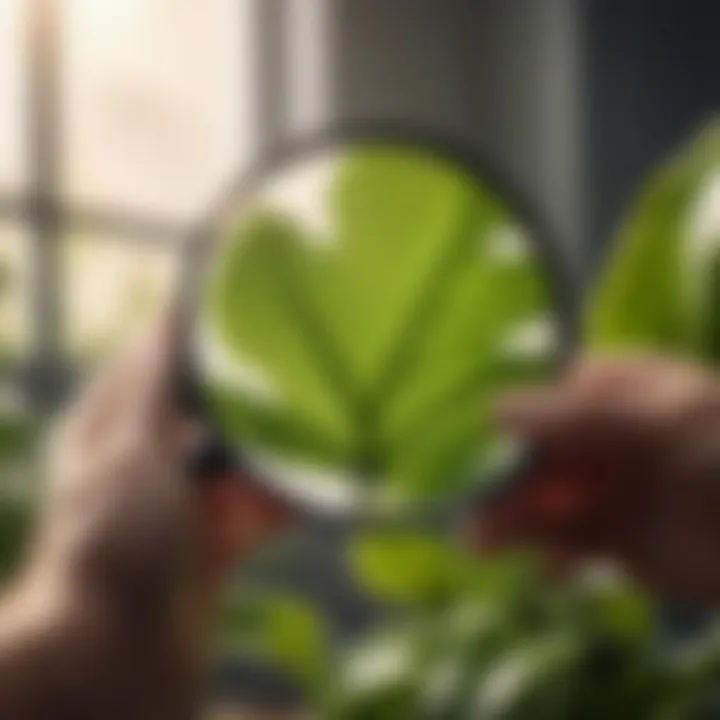 Hand holding magnifying glass examining plant leaf