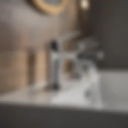 A close-up view of a modern two-handle bathroom sink faucet showcasing its elegant design and finish.