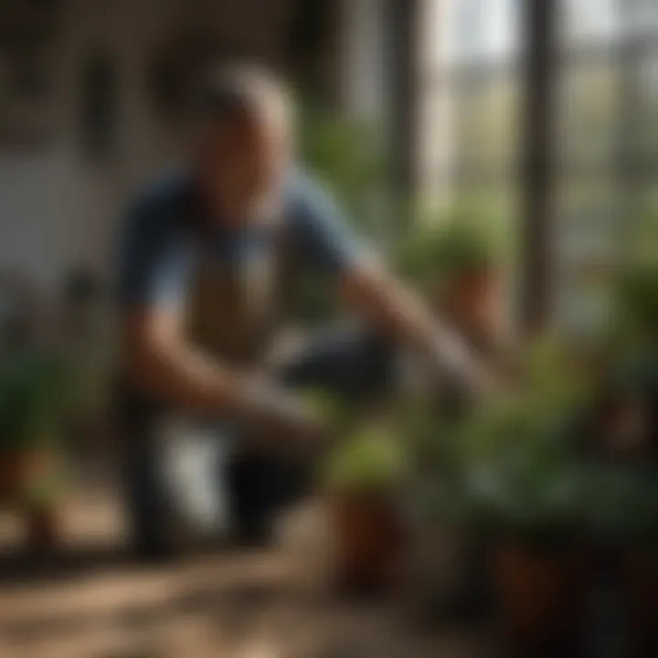 A gardener applying balanced fertilizer to potted plants