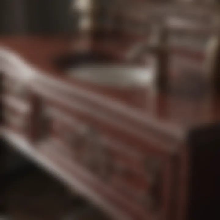 Close-up of Detailed Craftsmanship Close-up of maroon vanity with detailed craftsmanship