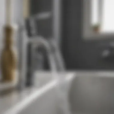 A close-up view of a bathroom faucet being operated with a faucet key.