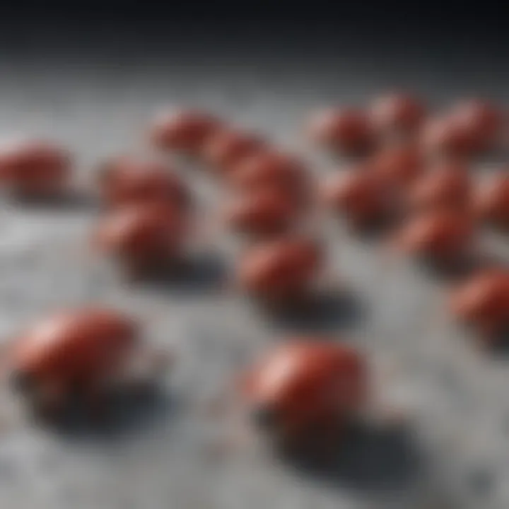 Close-up view of tiny red bugs on a surface