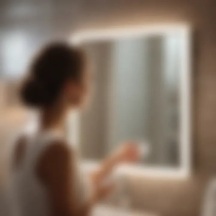 User applying anti-fog treatment on bathroom mirror