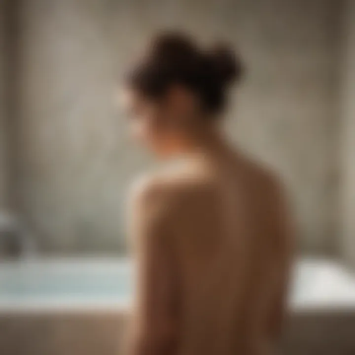 Person using a bathroom back brush in a serene bathing environment.