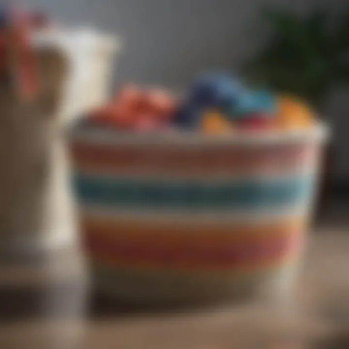Trendy white metal laundry basket filled with colorful textiles