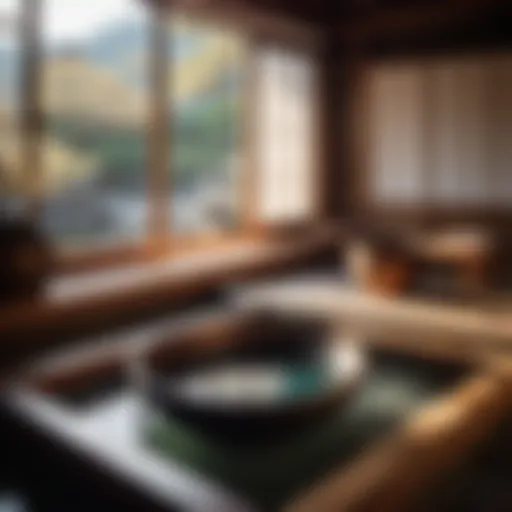 A serene scene of a traditional Japanese onsen with wooden bucket and ladle