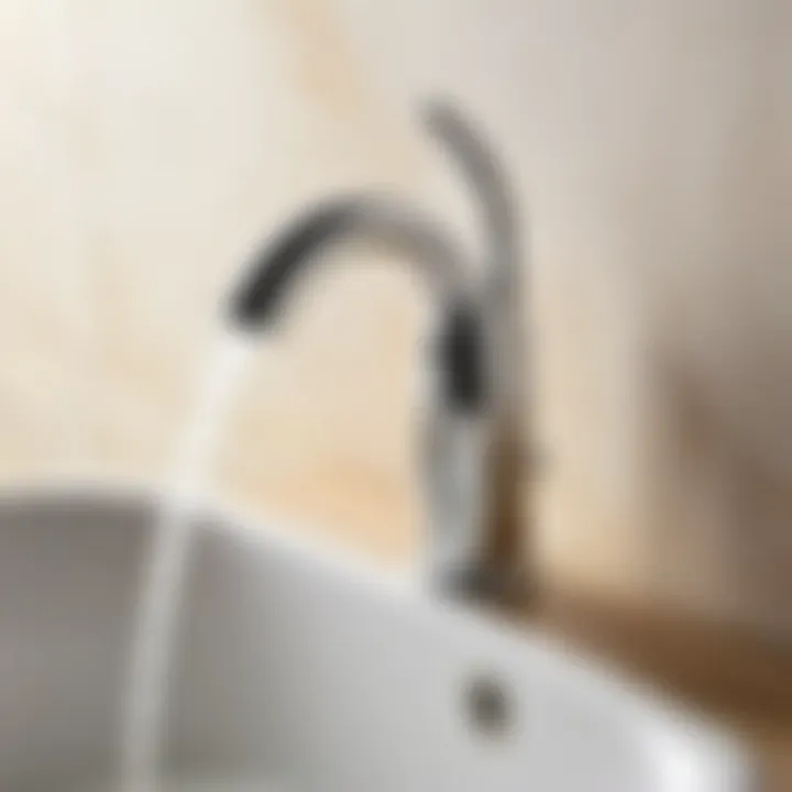 Installation of bathroom faucet sprayer attachment on white basin