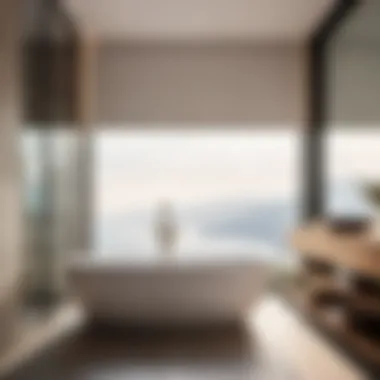 Deck-mounted bathtub faucet with hand shower in a minimalist setting