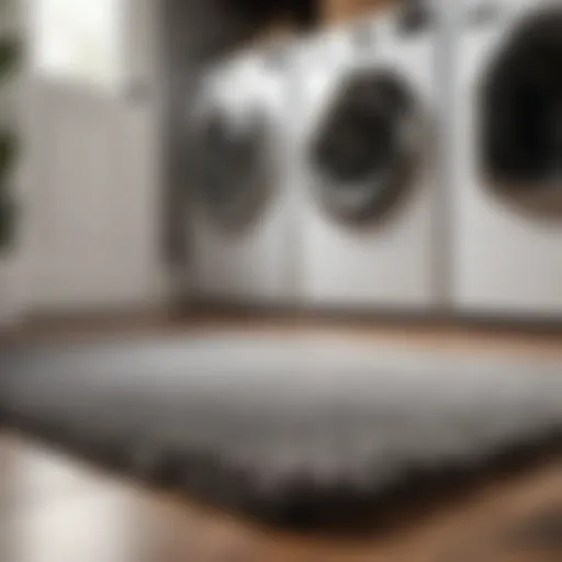 Elegantly patterned grey rug in laundry room