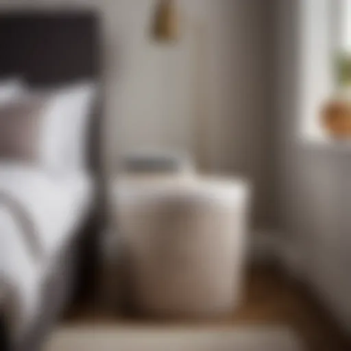 Chic Bedroom Storage Solution Elegant white wicker laundry hamper with lid in a modern bedroom setting
