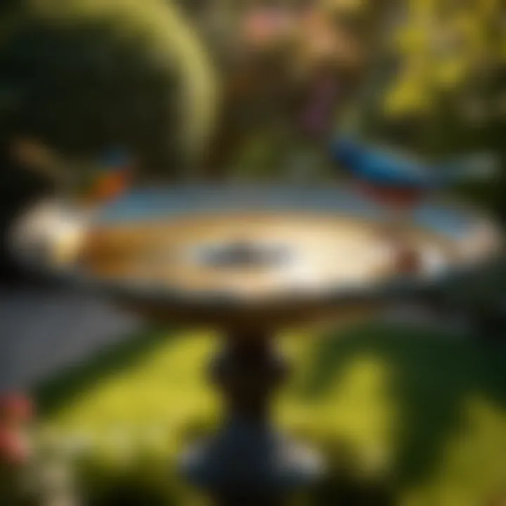 Vibrant Bird Visitors Flocking to Ornate Metal Bird Bath in Sunlit Garden