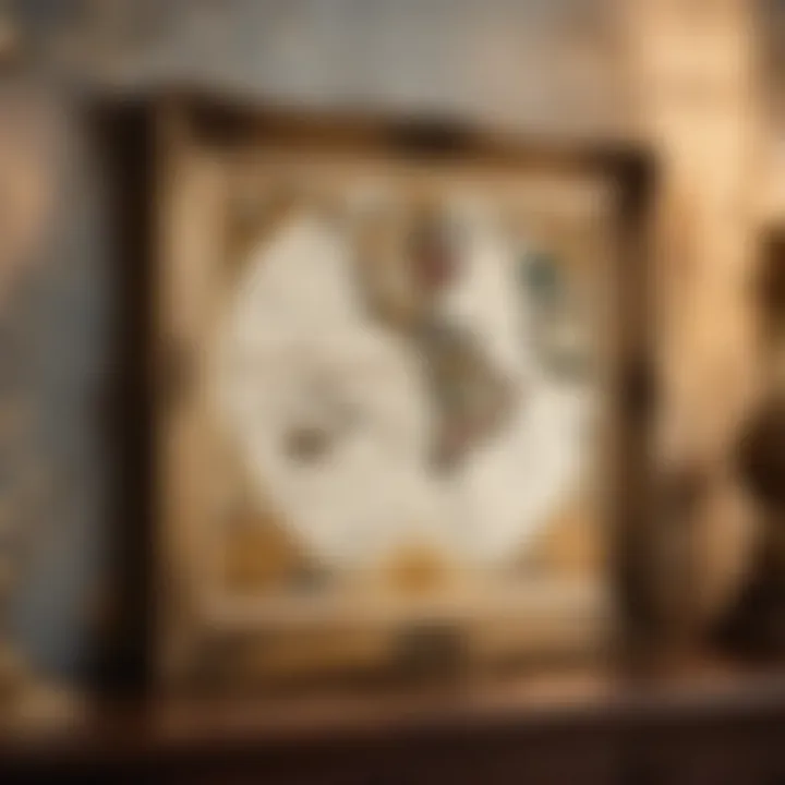 Vintage map in ornate gold frame against textured wall