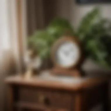 Wicker end table styled with a vintage clock and plant