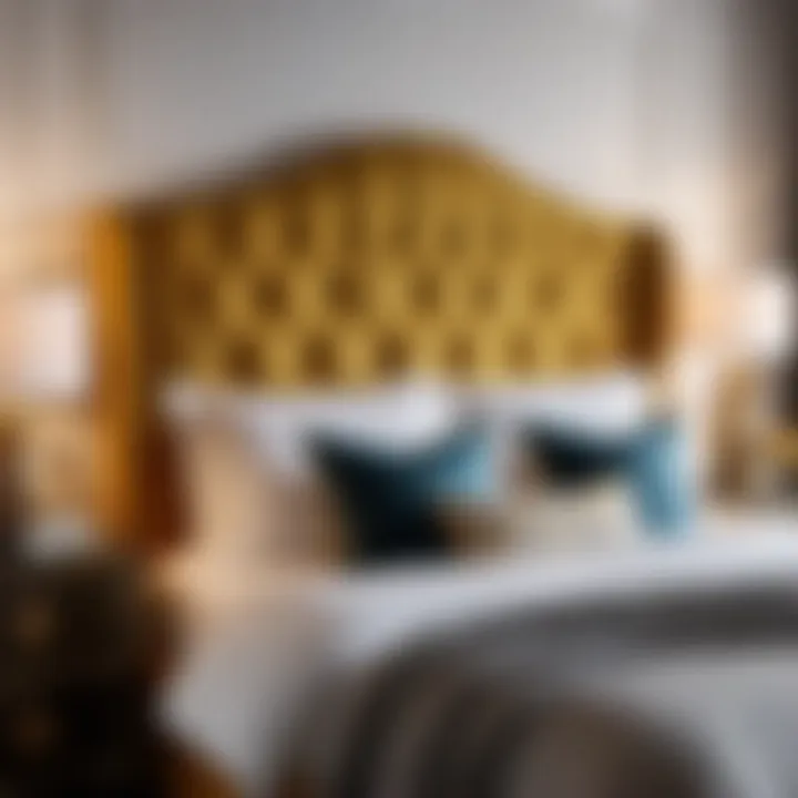 Luxurious upholstered headboard with stylish bedding in a cozy bedroom