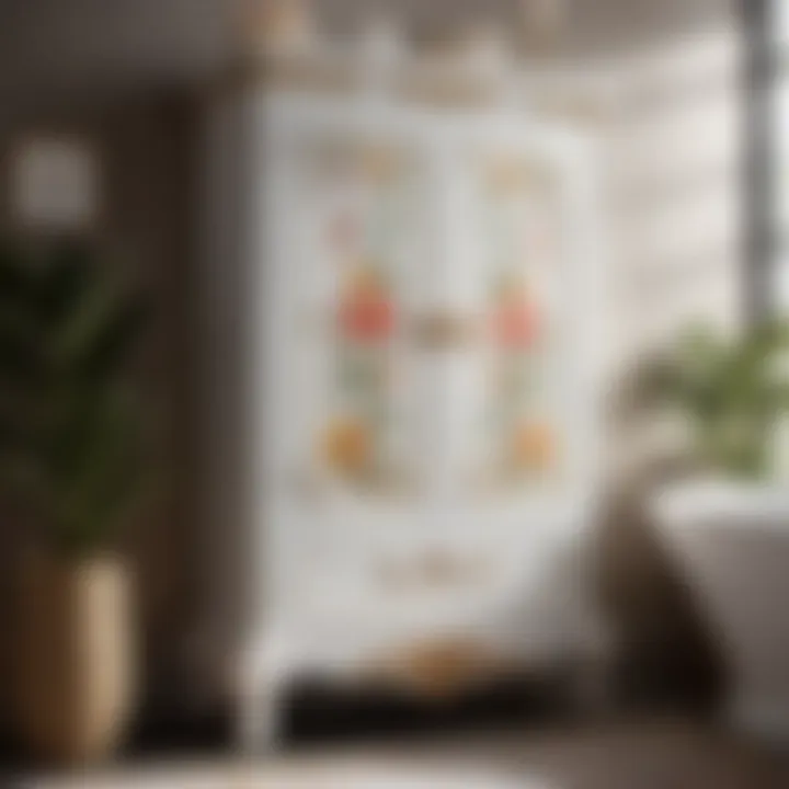 Elegant white bathroom tower cabinet with intricate floral motif